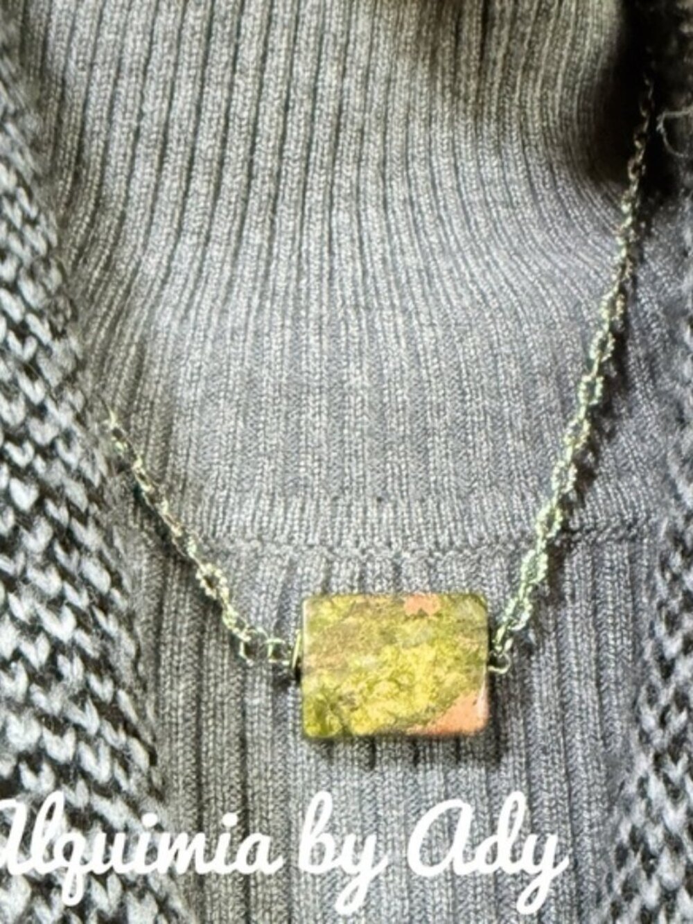 Olive green Unakite chunky square silver necklace